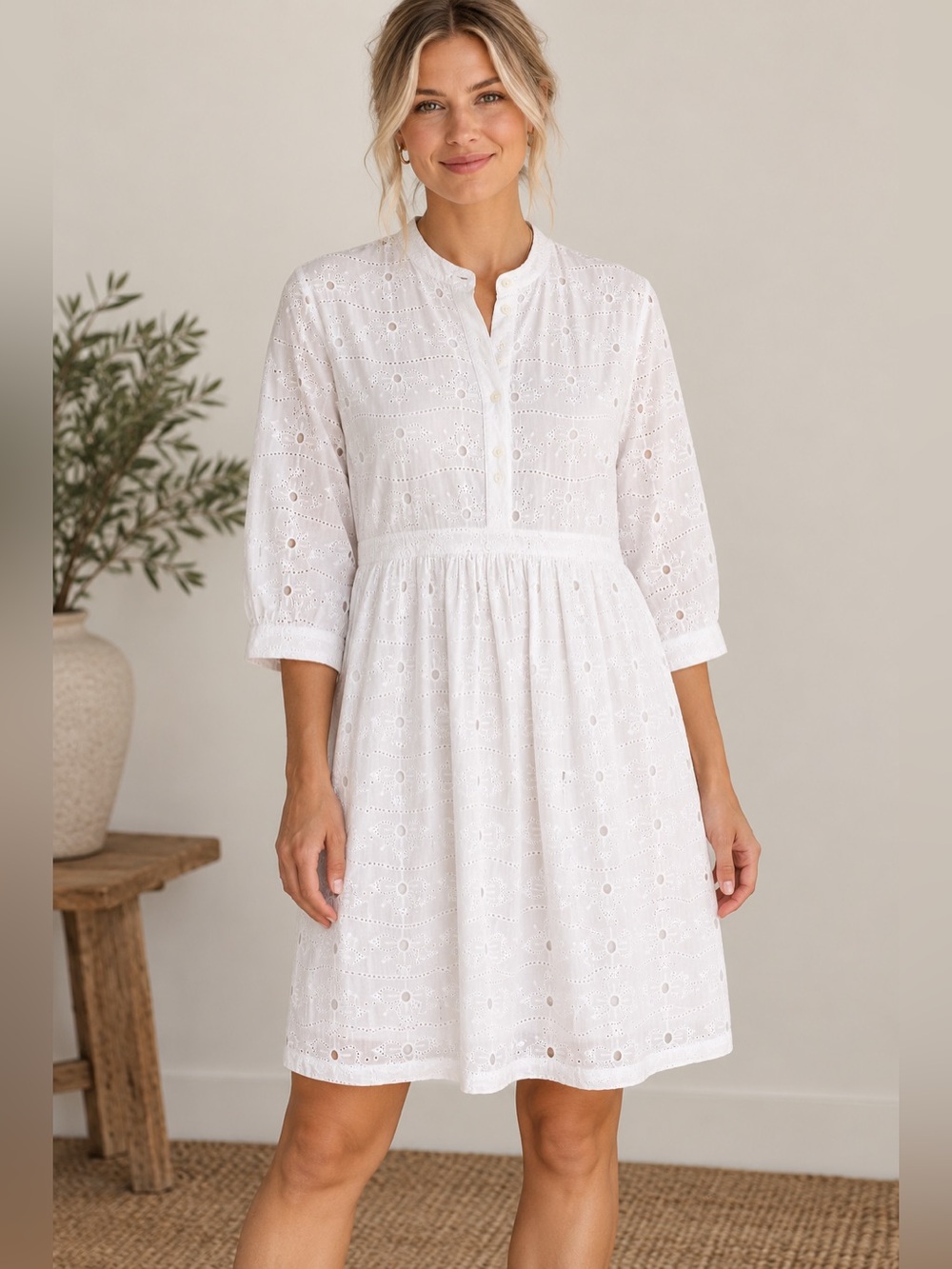 Boden White Eyelet Broderie Cotton Dress 3/4 Sleeve Knee Length
